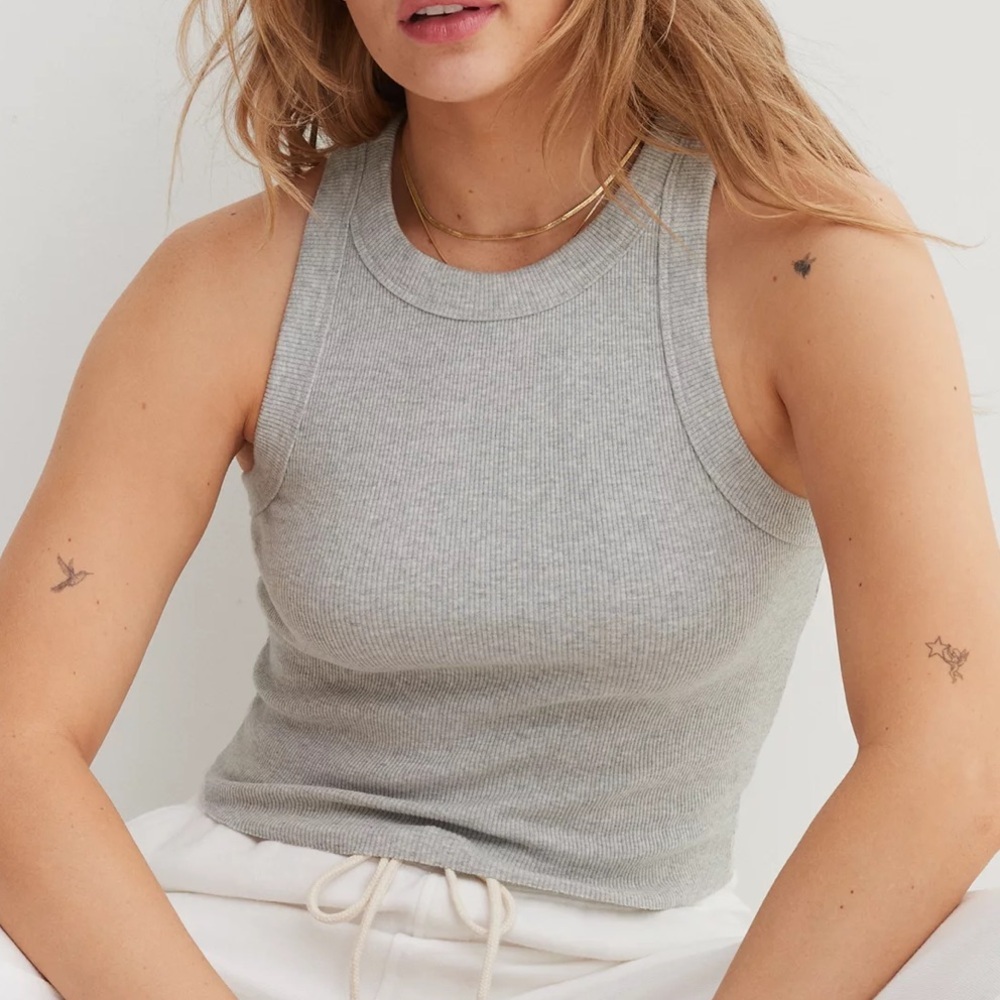 Aerie Free Spirit Ribbed Tank Top Gray Cropped Size XS Fitted Soft